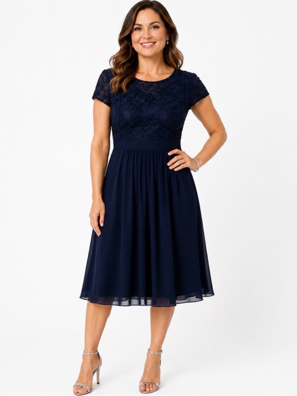 Oleg Cassini Navy Rosette Lace Chiffon Dress Plus Size 22W Wedding Guest